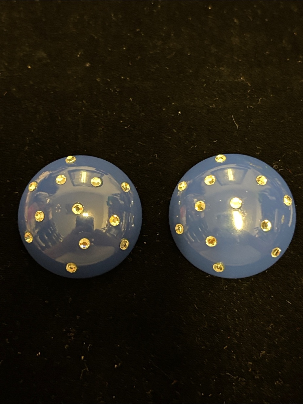 Metal Blue Dome Pierced Earrings with Rhinestone Accents